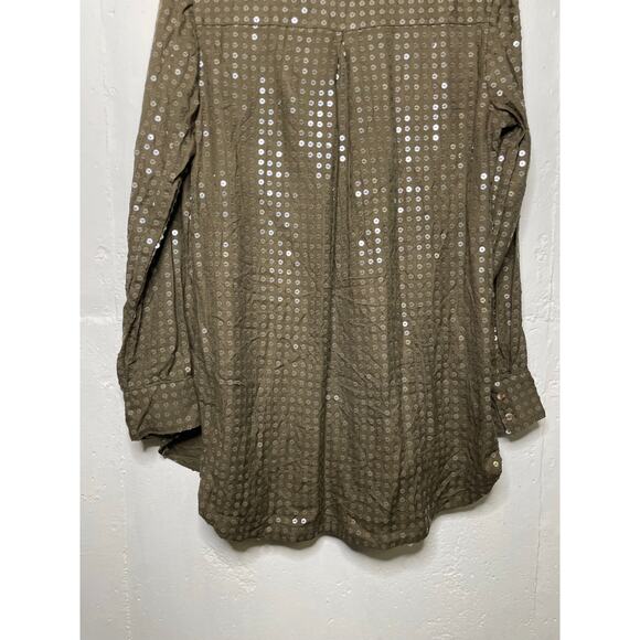 Anthropologie Maeve Sequin Button Down Shirt Size Small Olive Green Long Sleeve - Picture 8 of 10